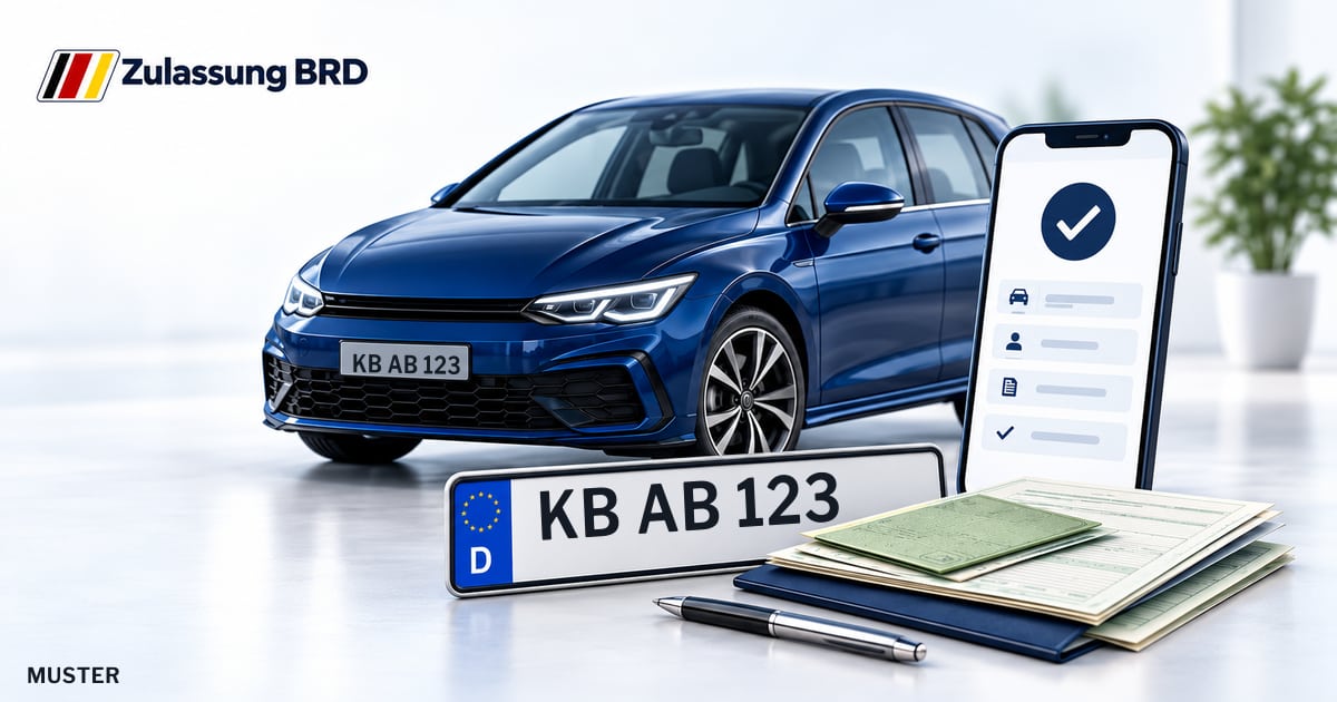 Online Fahrzeugzulassung in Korbach: Musterkennzeichen KB AB 123, Auto und Fahrzeugpapiere und Smartphone. Illustration mit Logo von Zulassung BRD.